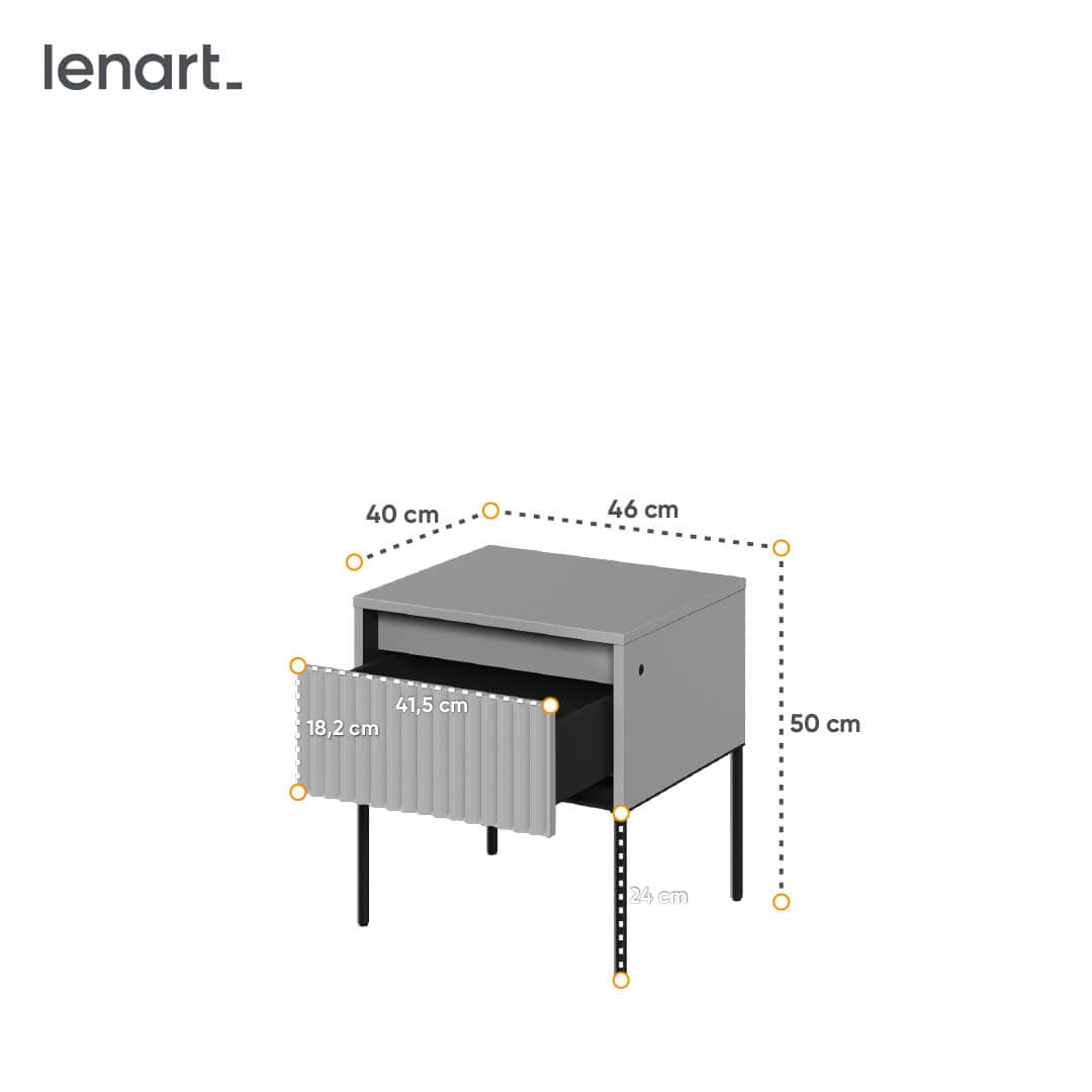 Lenart Noptiera din MDF, pal si metal, cu 1 sertar si LED inclus, Trend TR-10 Gri / Negru, l40xA46xH50 cm