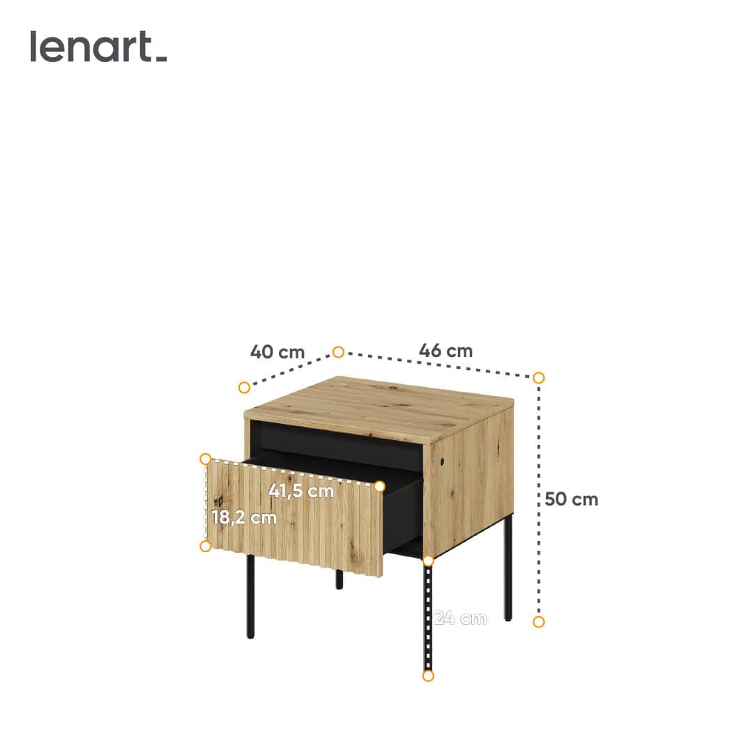 Lenart Noptiera din MDF, pal si metal, cu 1 sertar si LED inclus, Trend TR-10 Stejar Artisan / Negru, l40xA46xH50 cm