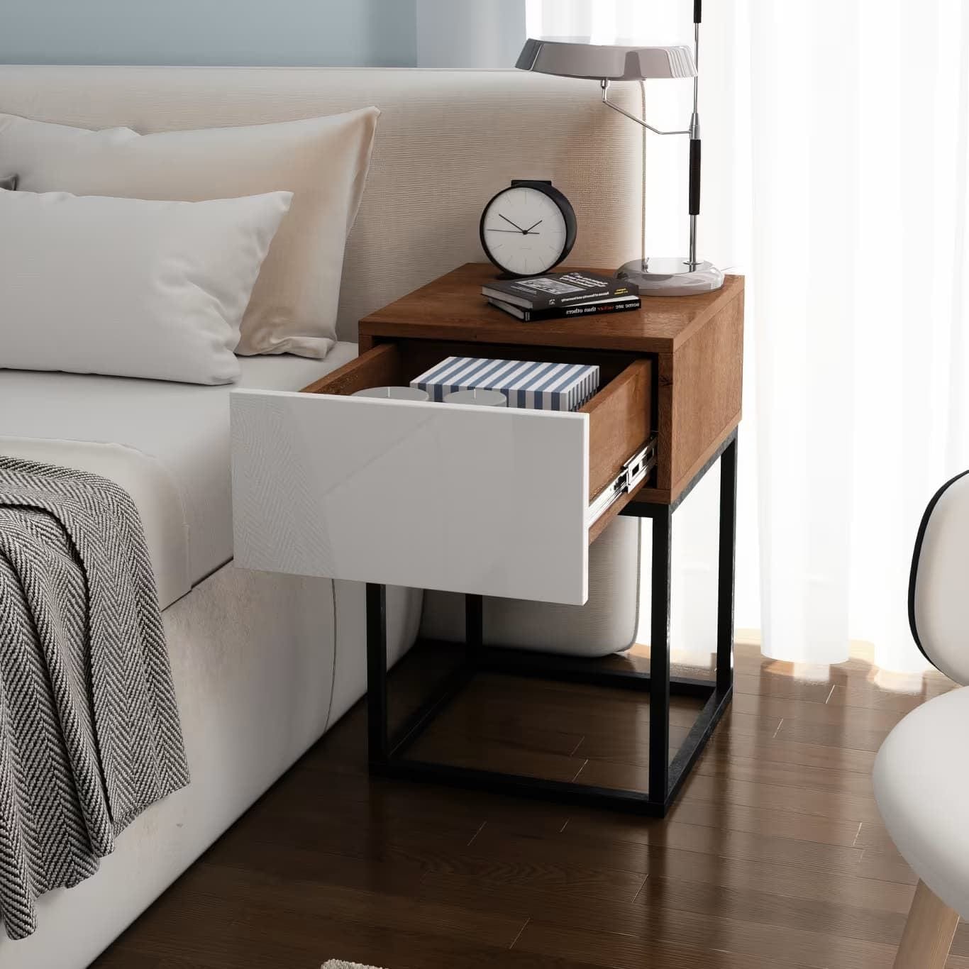 Noptiera din MDF si metal, cu 1 sertar, Avorio Stejar / Alb, l40xA40xH60 cm (1)