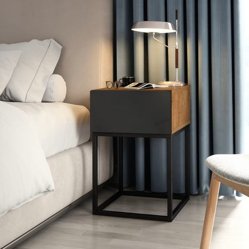 Eltap Noptiera din MDF si metal, cu 1 sertar, Avorio Stejar / Negru, l40xA40xH60 cm