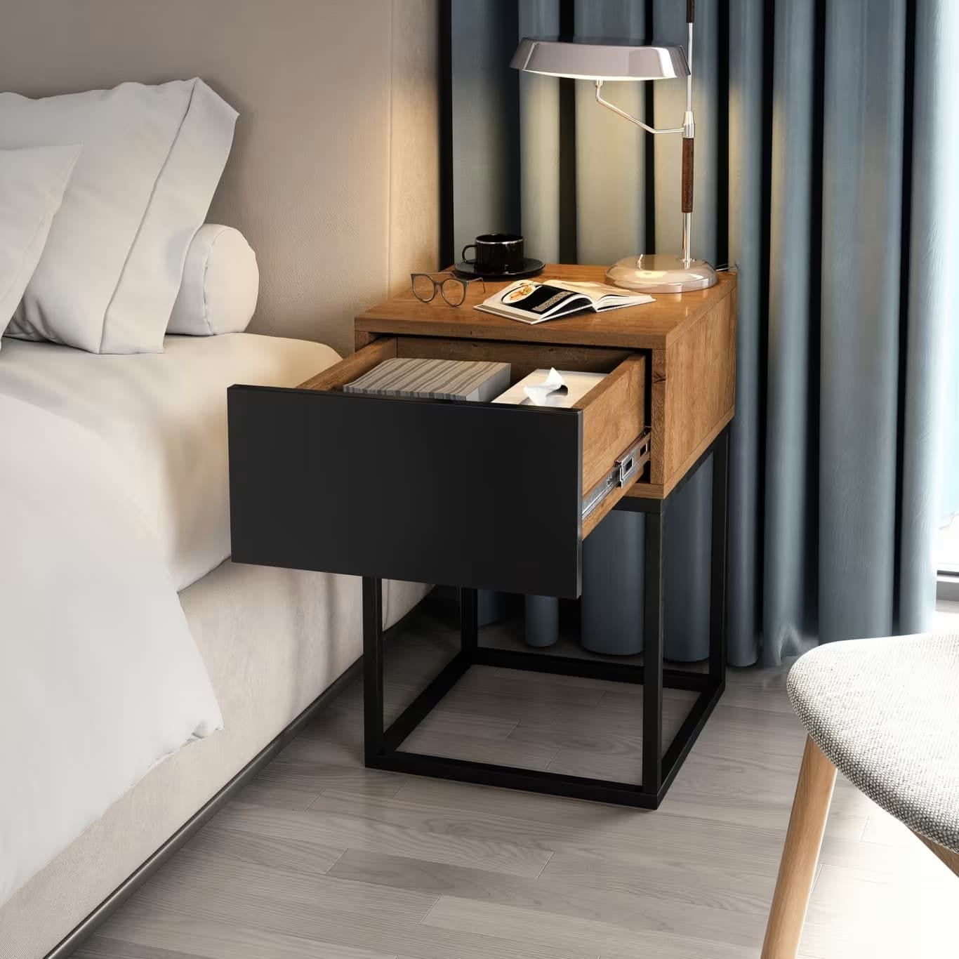 Eltap Noptiera din MDF si metal, cu 1 sertar, Avorio Stejar / Negru, l40xA40xH60 cm