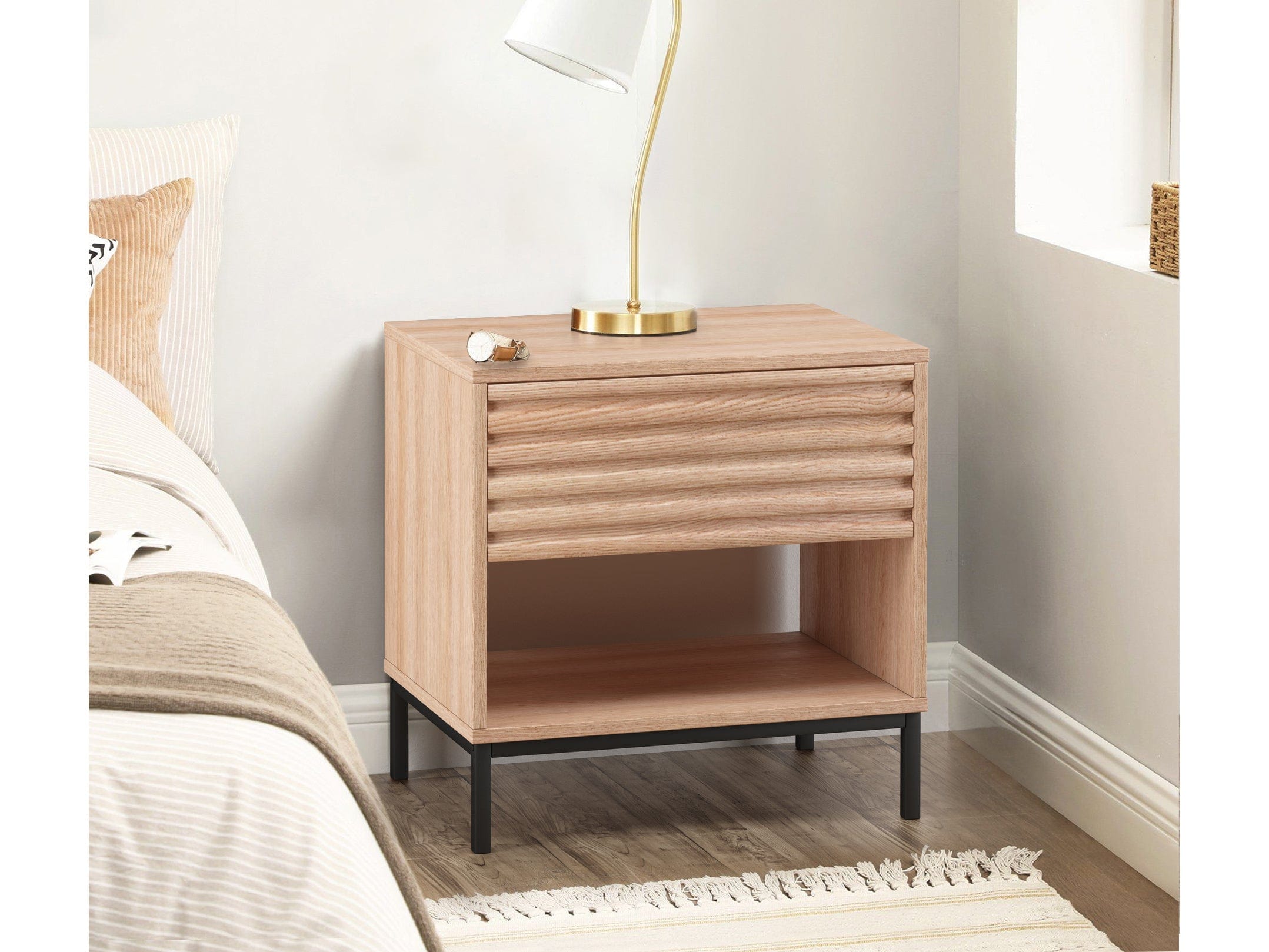 Dorel Home Noptiera din MDF si metal cu 1 sertar, Celine Natural / Negru, l50xA35xH50 cm