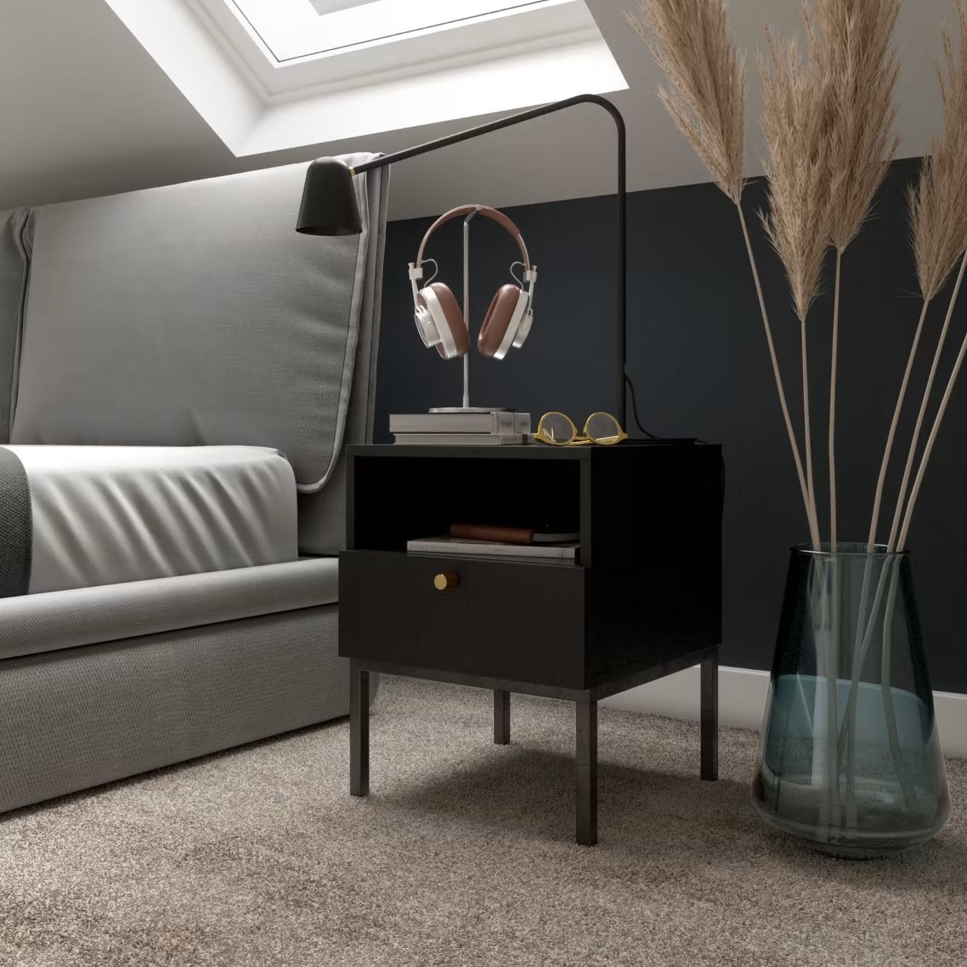 Eltap Noptiera din MDF si metal, cu 1 sertar, Lanzzi Negru, l40xA40xH50 cm