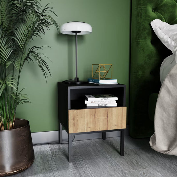 Eltap Noptiera din MDF si metal, cu 1 sertar, Lanzzi Negru / Stejar, l40xA40xH50 cm