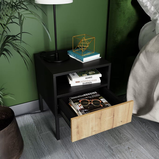 Eltap Noptiera din MDF si metal, cu 1 sertar, Lanzzi Negru / Stejar, l40xA40xH50 cm