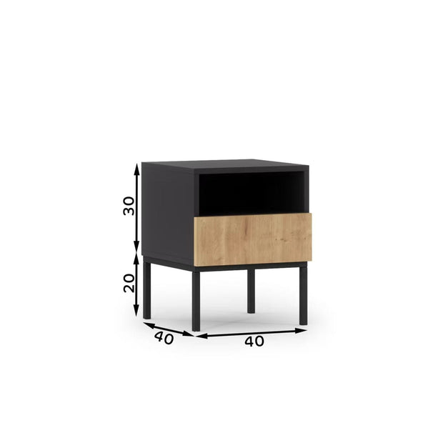 Eltap Noptiera din MDF si metal, cu 1 sertar, Lanzzi Negru / Stejar, l40xA40xH50 cm