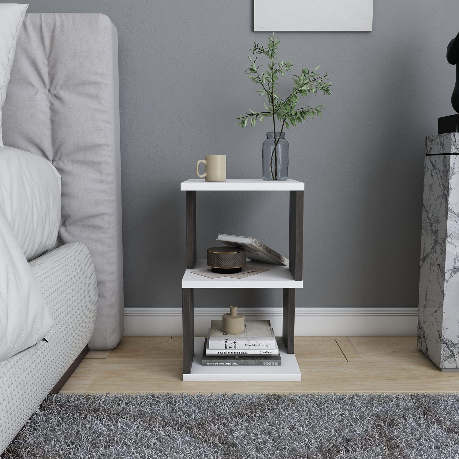 Asir Noptiera din pal, Carter Alb / Stejar Inchis, l29,6xA29,6xH49,4 cm