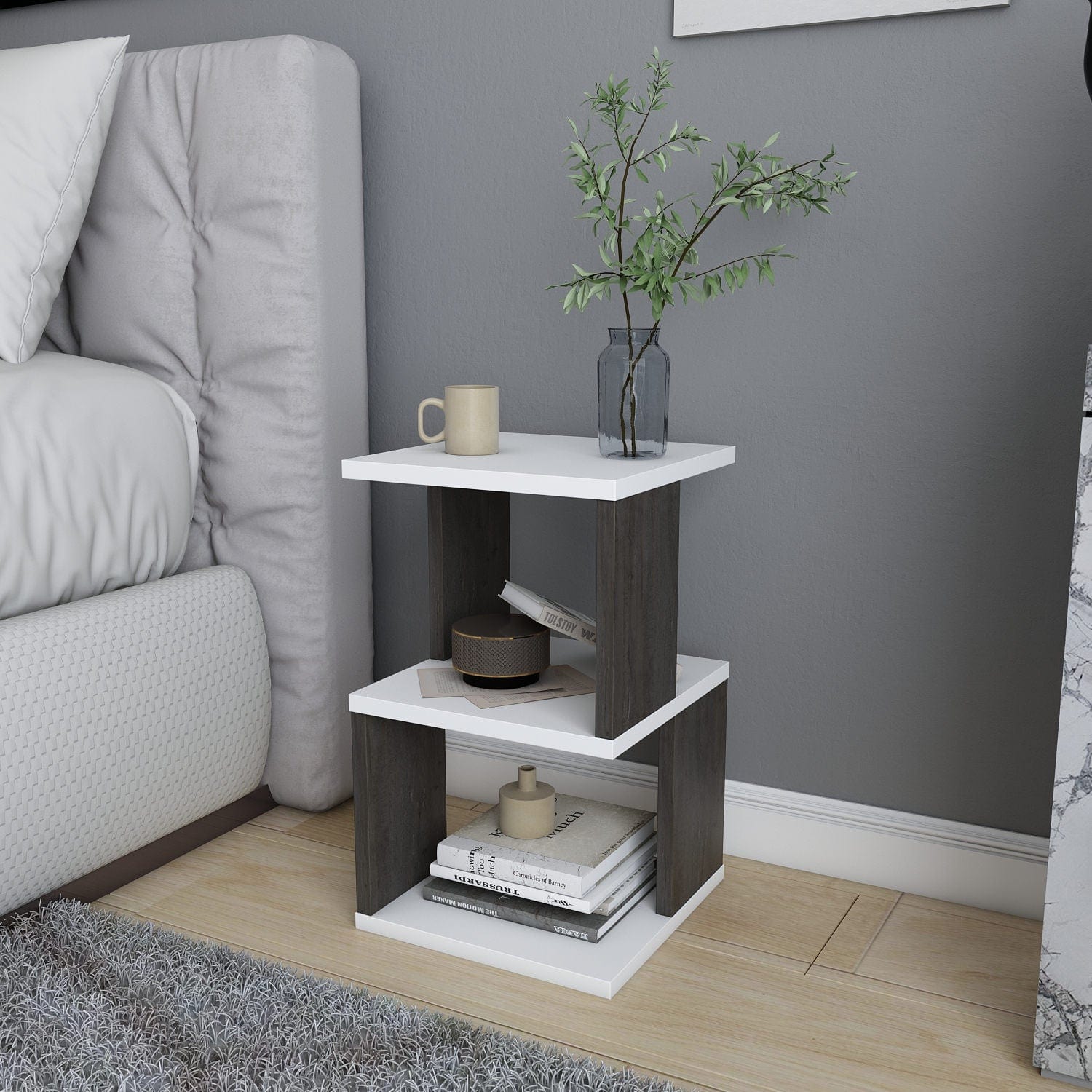 Noptiera din pal, Carter Alb / Stejar Inchis, l29,6xA29,6xH49,4 cm (2)