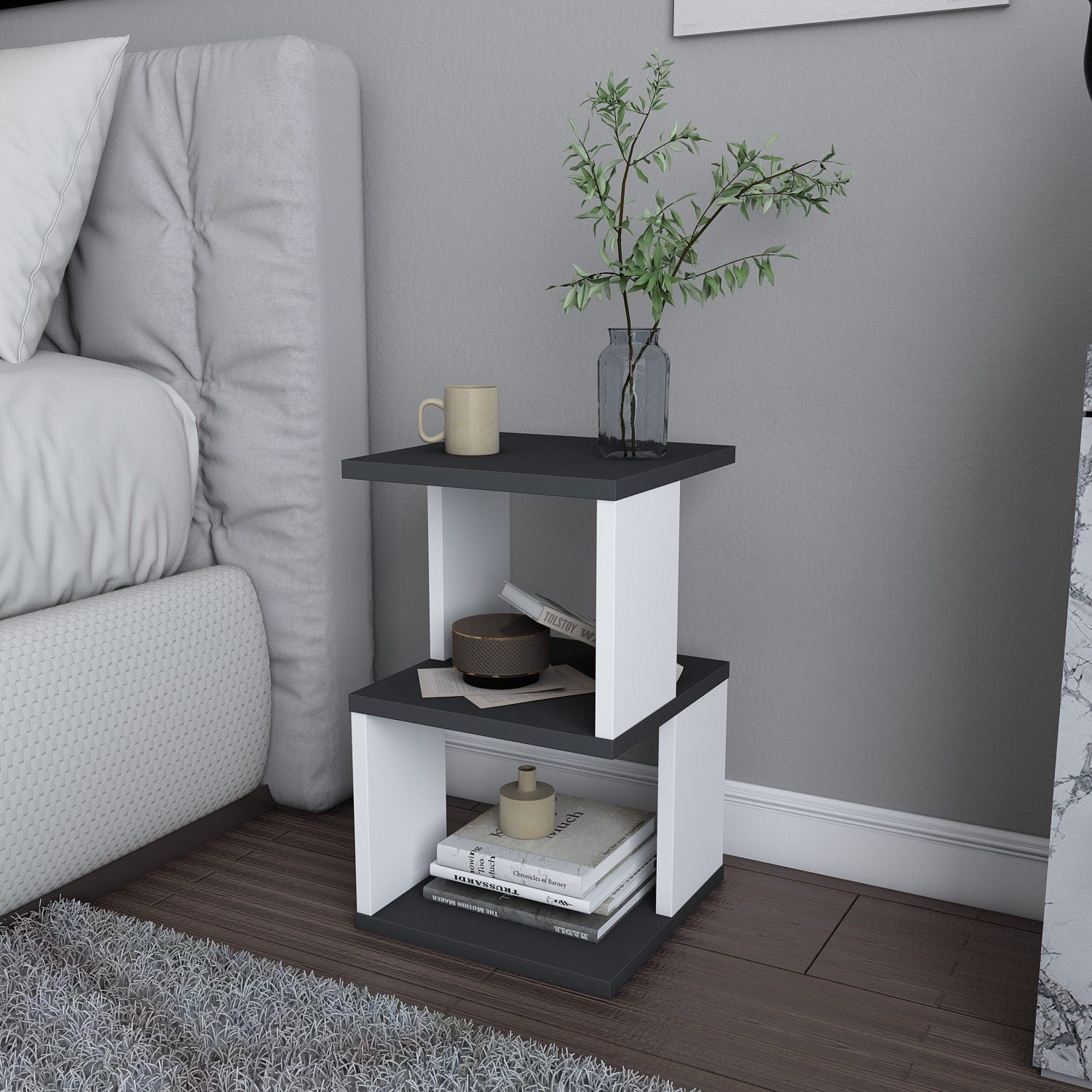 Asir Noptiera din pal, Carter Antracit / Alb, l29,6xA29,6xH49,4 cm