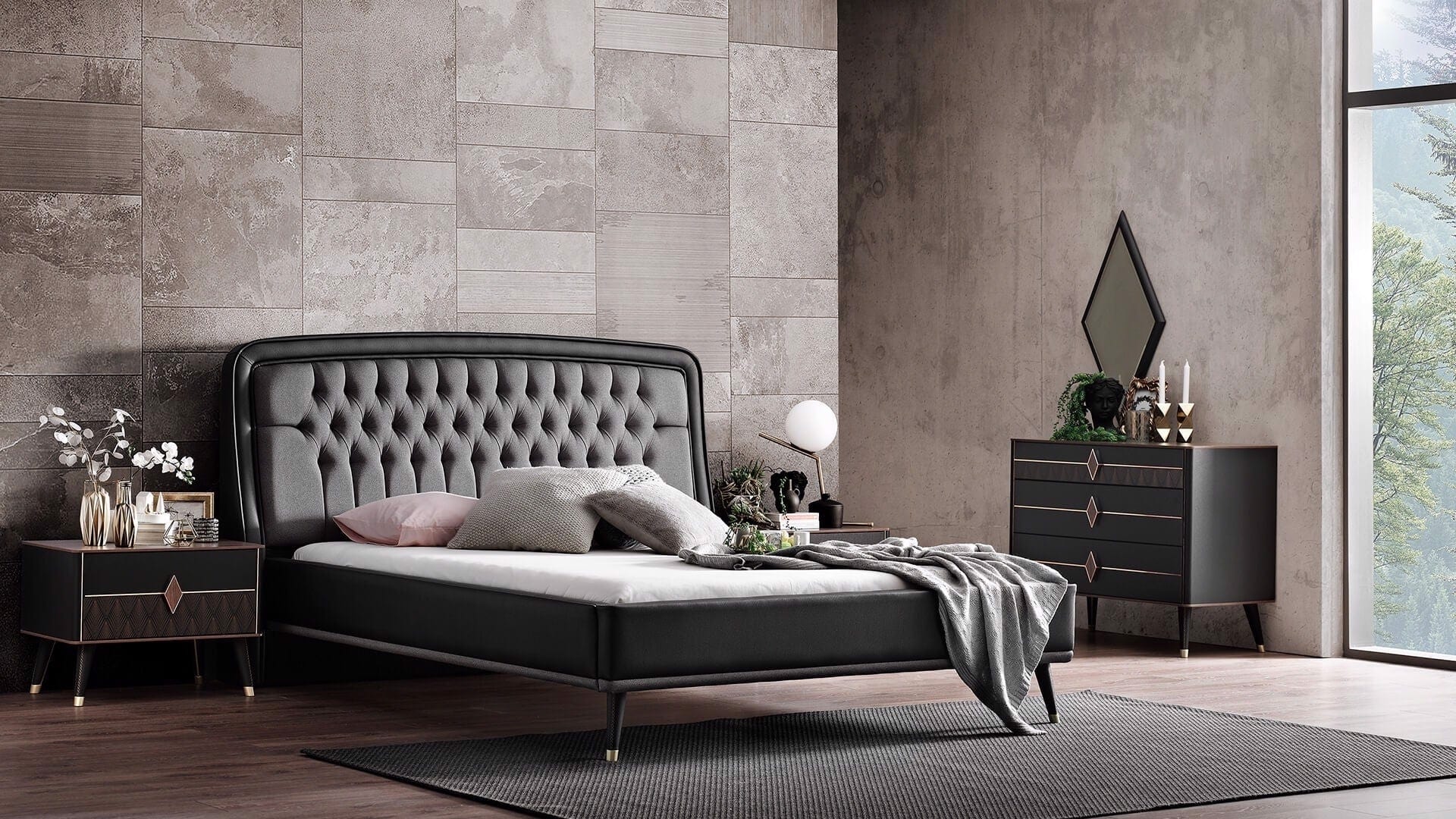 Noptiera din pal cu 1 sertar, Diamond Nuc / Grafit, l66,6xA43,8xH48,7 cm (3)