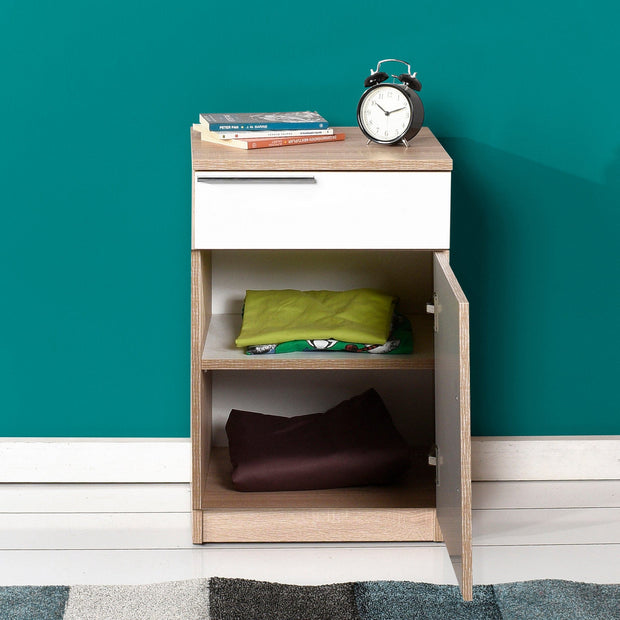 Asir Noptiera din pal, cu 1 sertar si 1 usa, Komodo 711 Stejar Sonoma / Alb, l40xA38xH63 cm