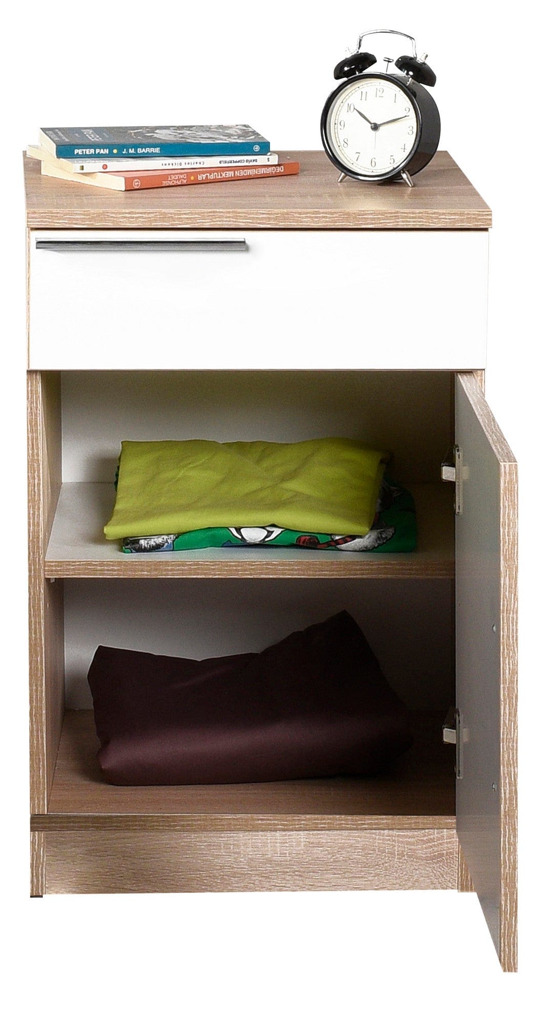 Asir Noptiera din pal, cu 1 sertar si 1 usa, Komodo 711 Stejar Sonoma / Alb, l40xA38xH63 cm