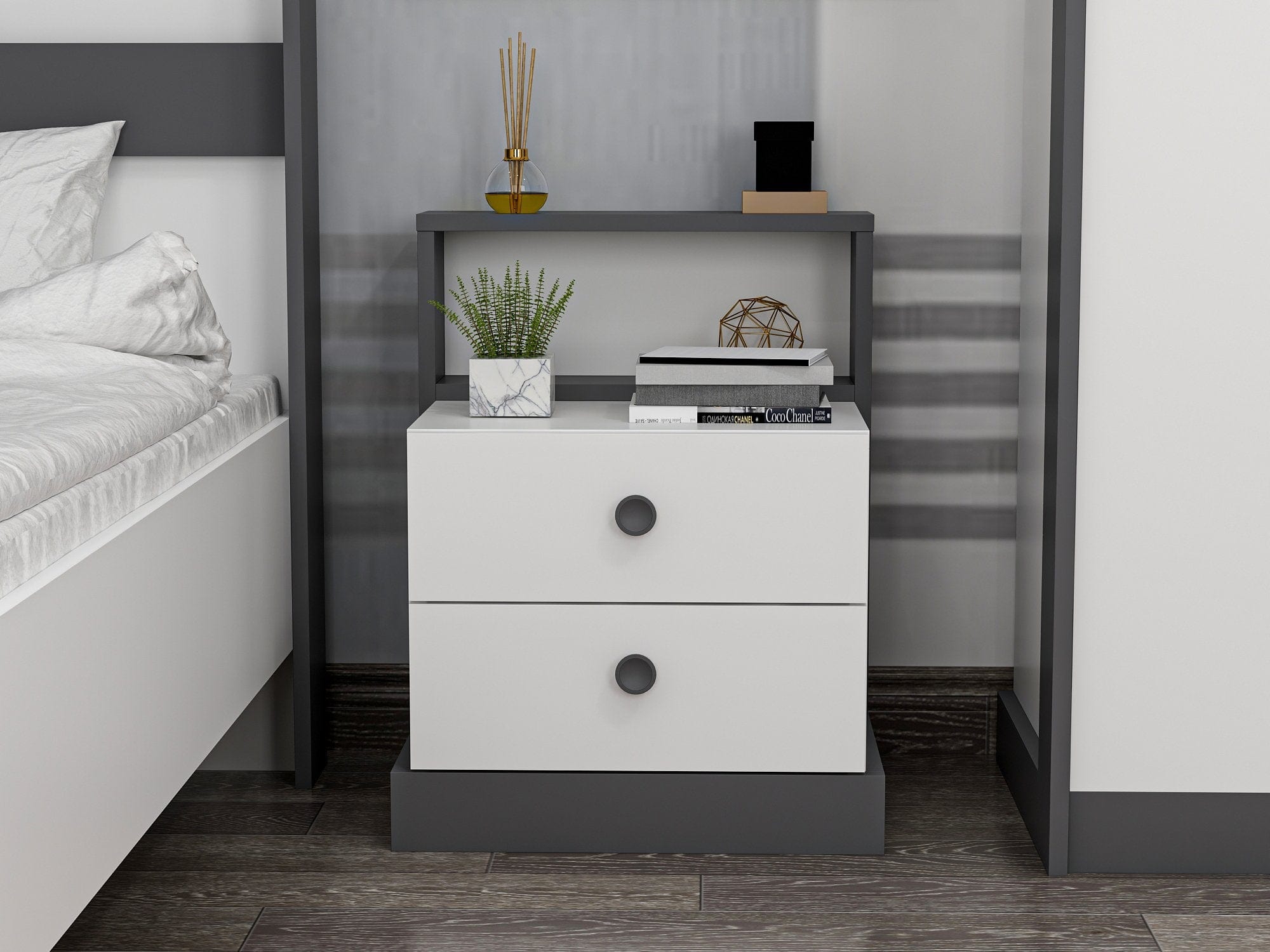 Asir Noptiera din pal, cu 2 sertare, Life Antracit / Alb, l62xA42xH62 cm