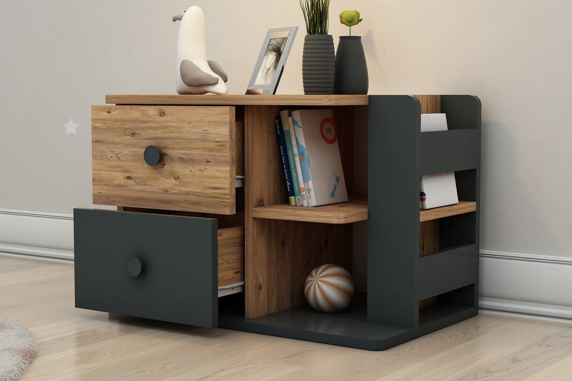 Asir Noptiera din pal, cu 2 sertare, Valerin Pin Atlantic / Antracit, l65xA40,3xH44,6 cm