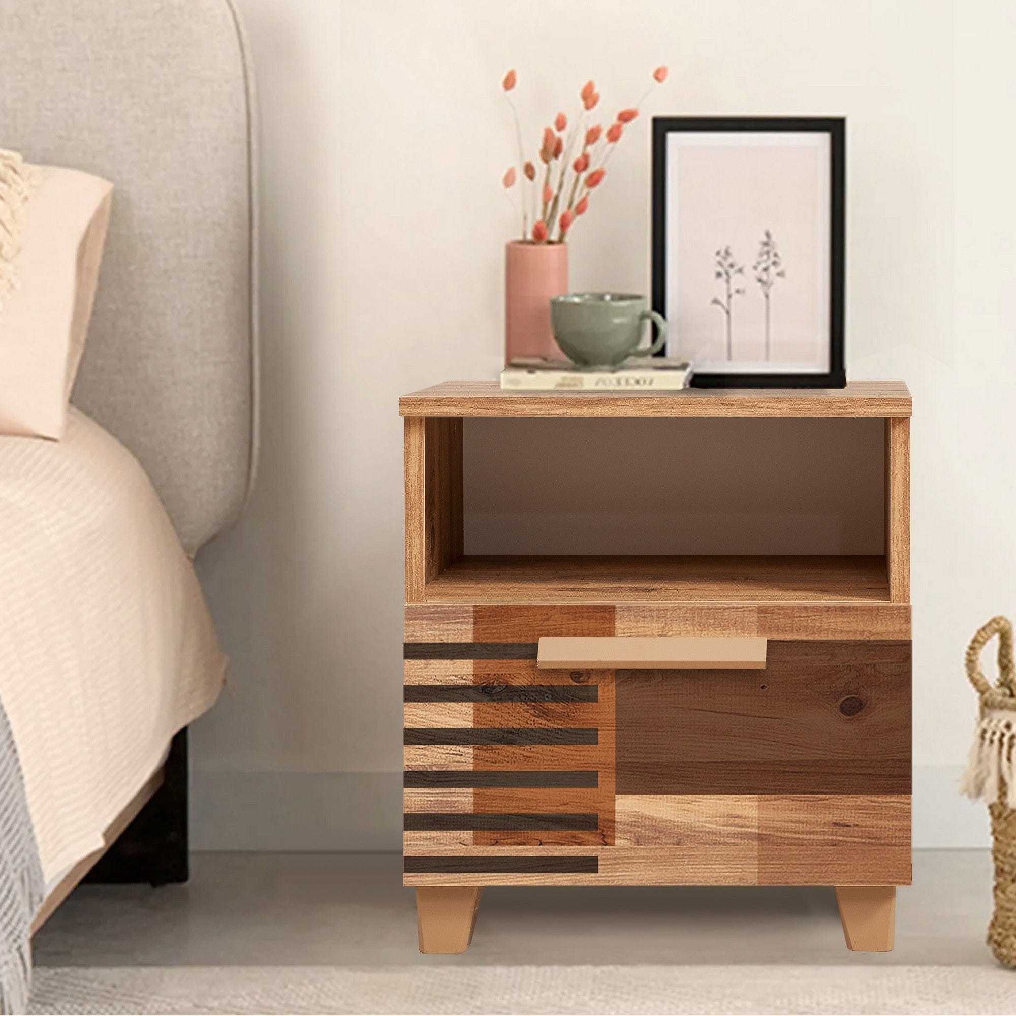 Asir Noptiera din pal si lemn, cu 1 sertar, Leva Colorblock Pin Atlantic, l45xA40xH52 cm