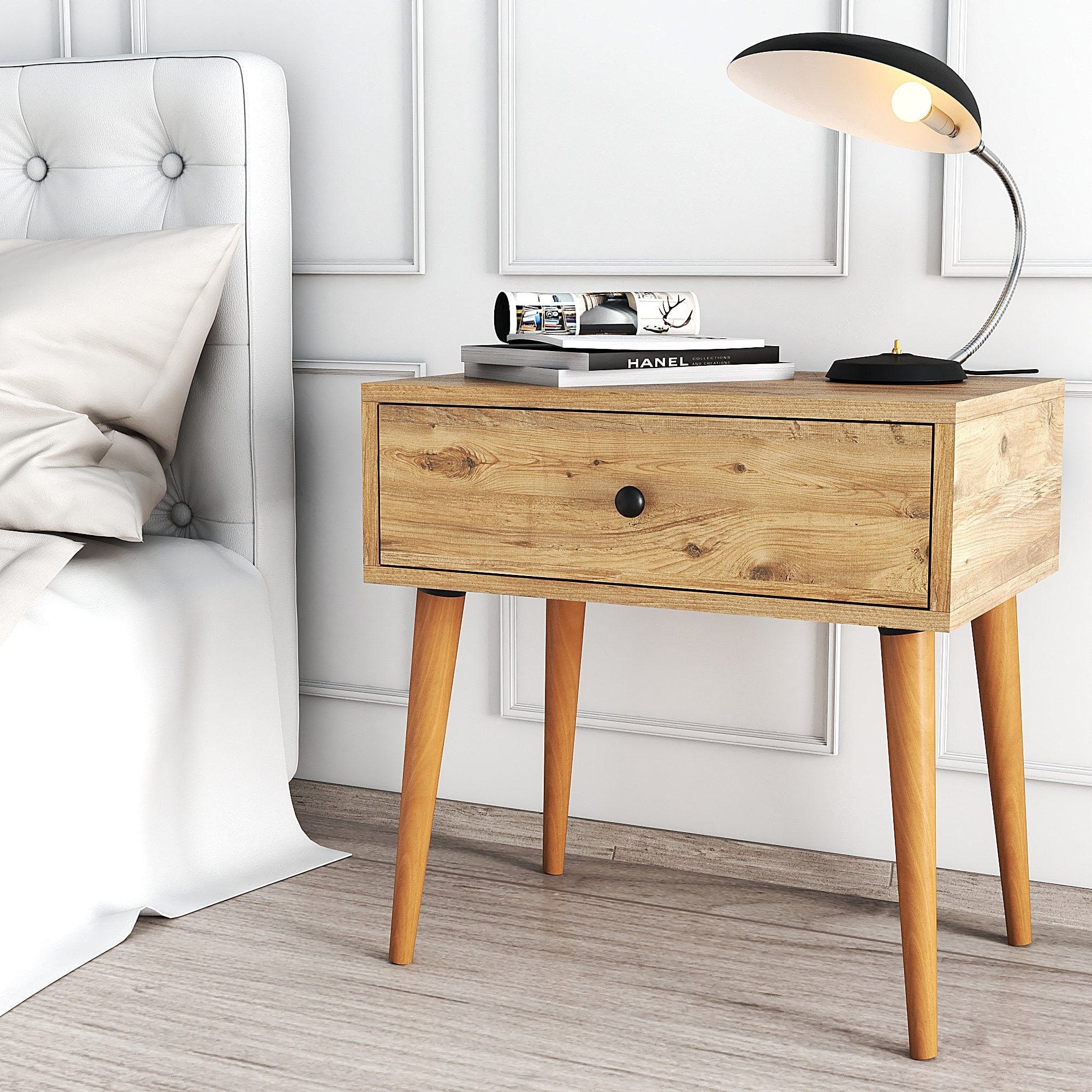 Noptiera din pal si lemn, cu 1 sertar, Sıla Stejar Antic, l60xA40xH60 cm