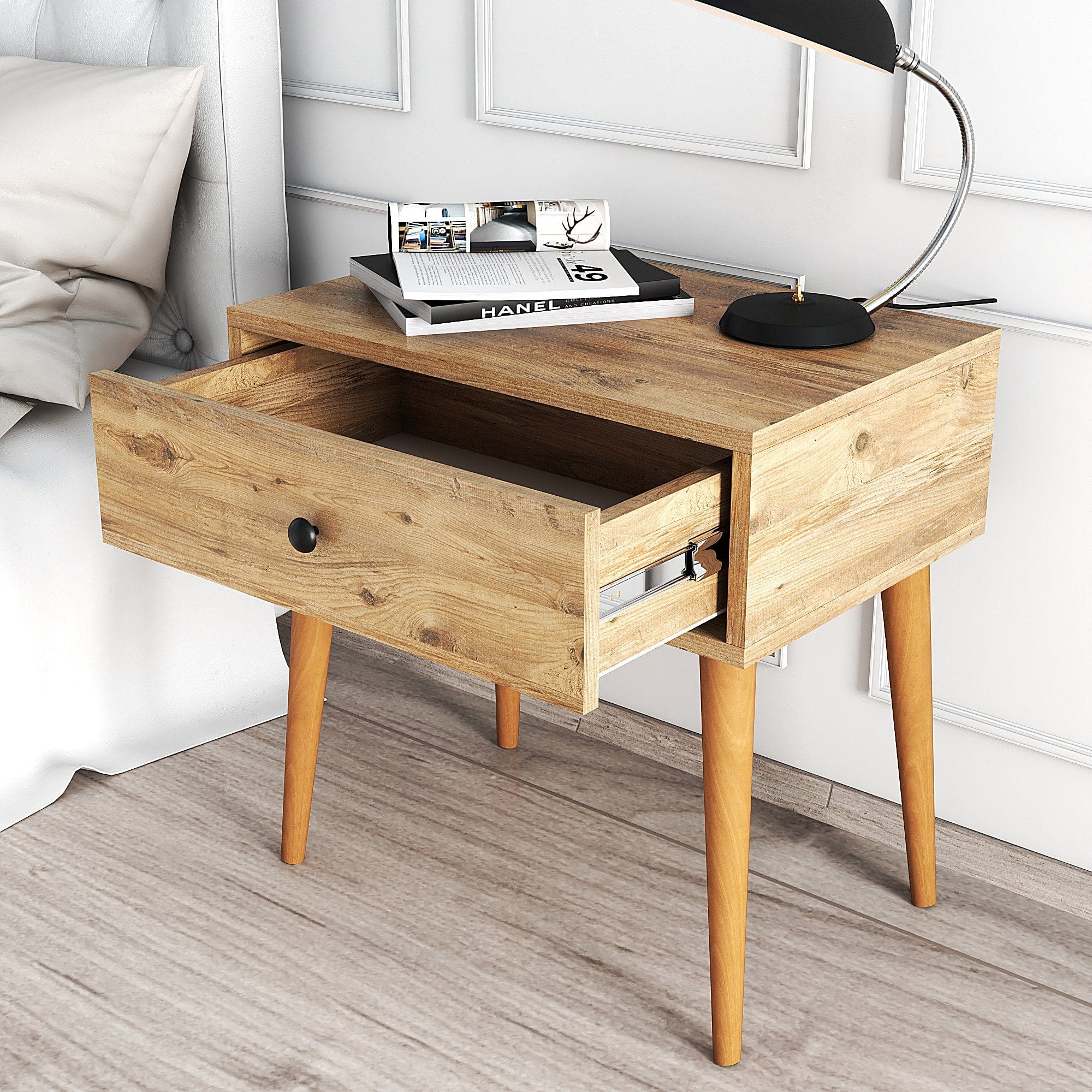 Noptiera din pal si lemn, cu 1 sertar, Sıla Stejar Antic, l60xA40xH60 cm (3)