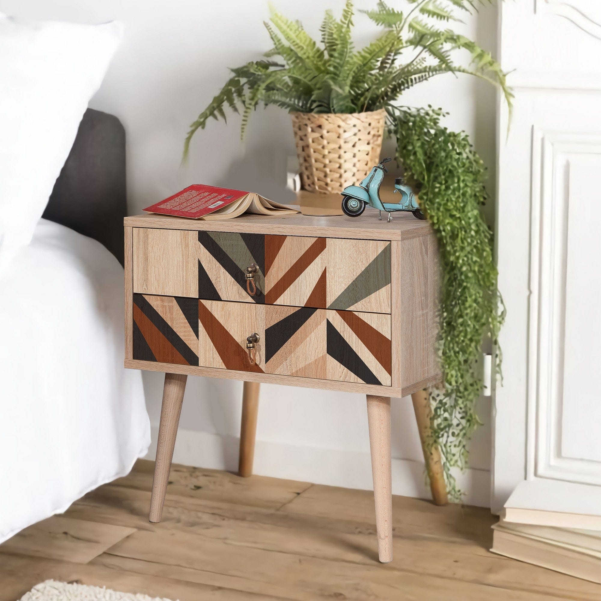 Noptiera din pal si lemn, cu 2 sertare, City Triangle Multicolor / Stejar, l60xA40xH61 cm (1)