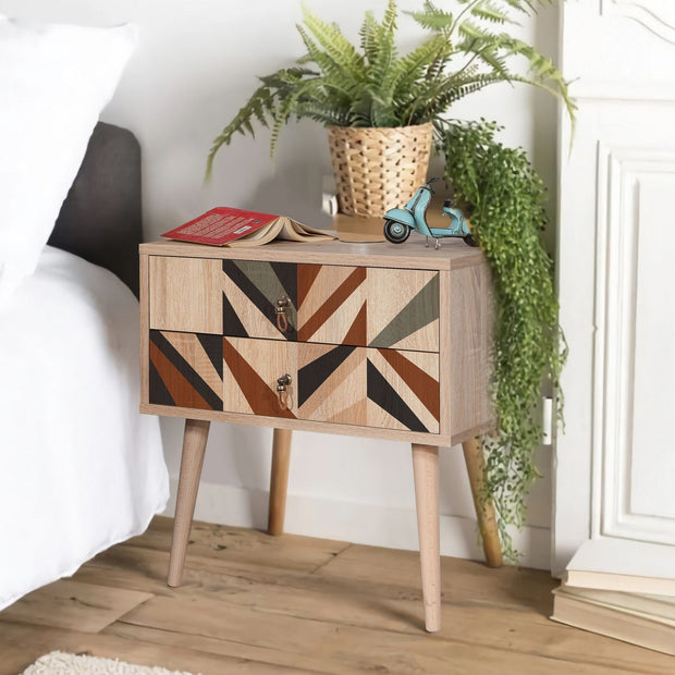 Noptiera din pal si lemn, cu 2 sertare, City Triangle Multicolor / Stejar, l60xA40xH61 cm (1)