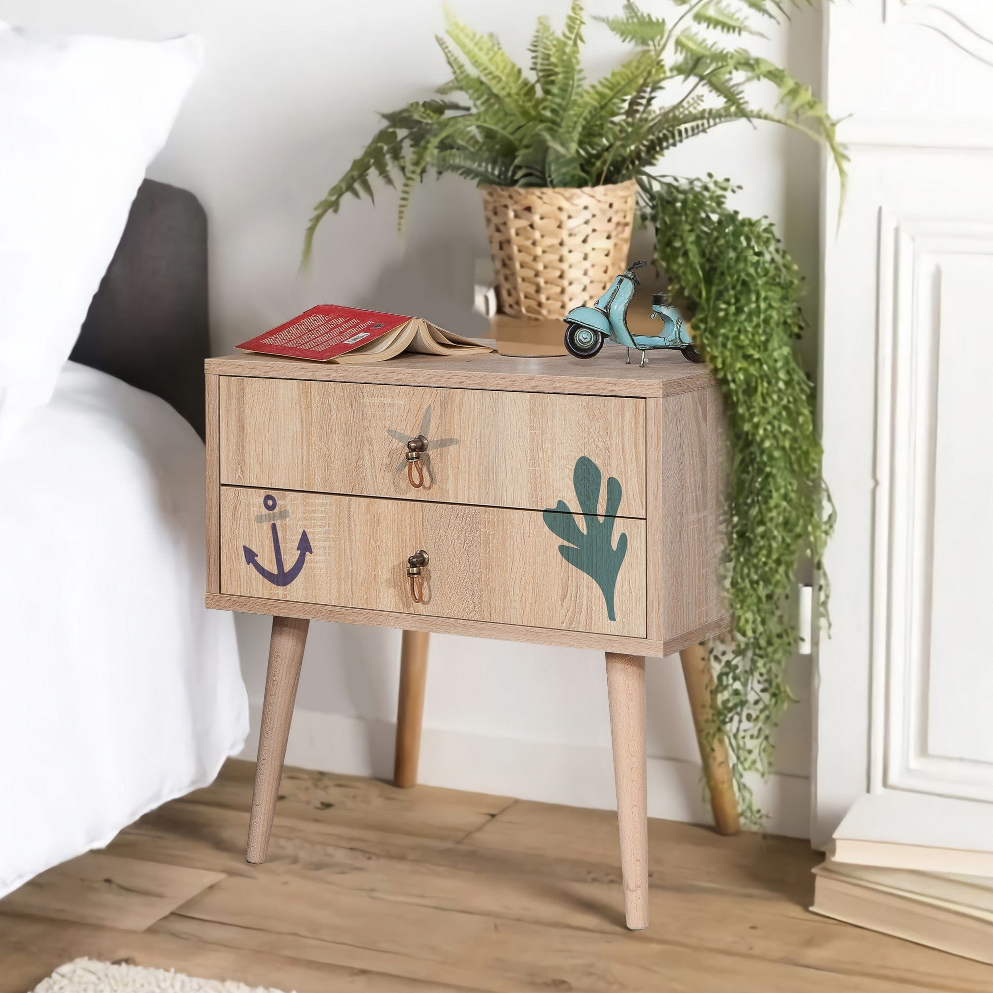 Asir Noptiera din pal si lemn, cu 2 sertare, City Two Marin Multicolor / Stejar, l60xA40xH61 cm