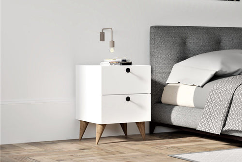 Asir Noptiera din pal si lemn, cu 2 sertare, Kada Alb / Nuc, l40xA42xH55 cm