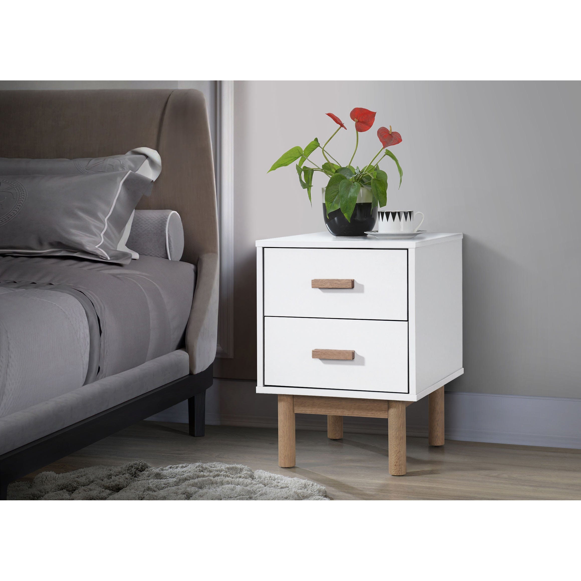 Dorel Home Noptiera din pal si MDF cu 2 sertare, Melanie Alb / Stejar, l40xA44xH55 cm