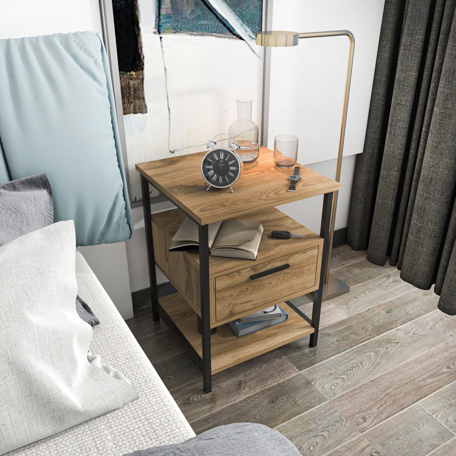 Noptiera din pal si metal, cu 1 sertar, Alba Stejar / Negru, l45xA45xH61,8 cm (2)