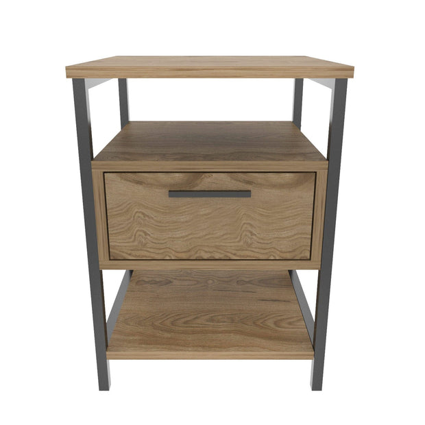 Noptiera din pal si metal, cu 1 sertar, Alba Stejar / Negru, l45xA45xH61,8 cm (4)