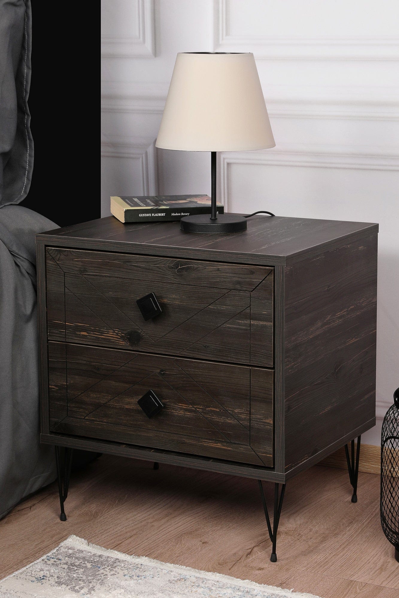 Asir Noptiera din pal si metal, cu 2 sertare, Luna Maro Inchis / Negru, l50xA40xH55 cm