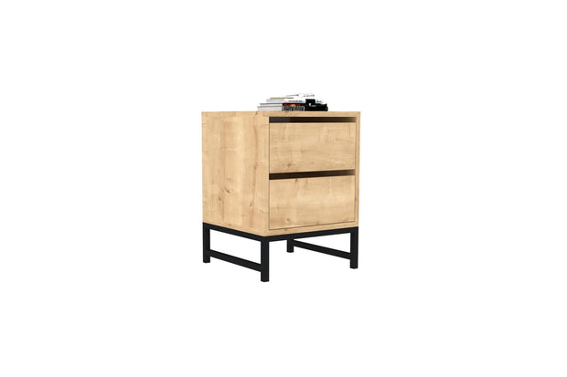 Asir Noptiera din pal si metal, cu 2 sertare, Nehir Natural / Negru, l40xA40xH55 cm