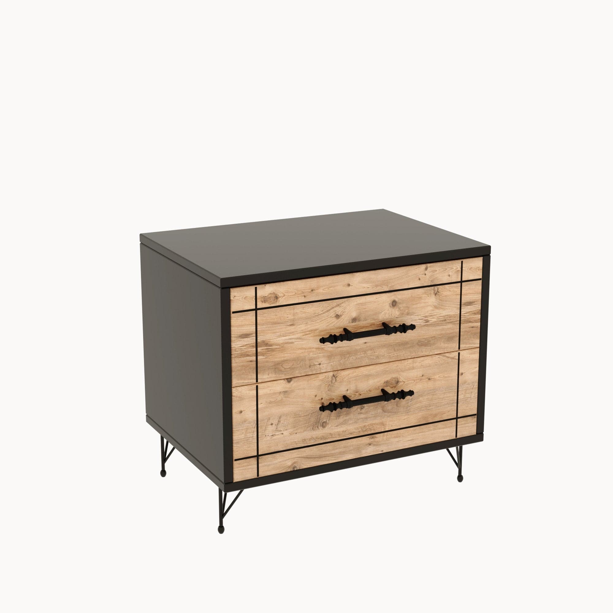 Asir Noptiera din pal si metal, cu 2 sertare, Night Stejar / Negru, l50xA40xH55 cm