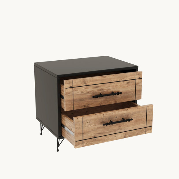 Asir Noptiera din pal si metal, cu 2 sertare, Night Stejar / Negru, l50xA40xH55 cm