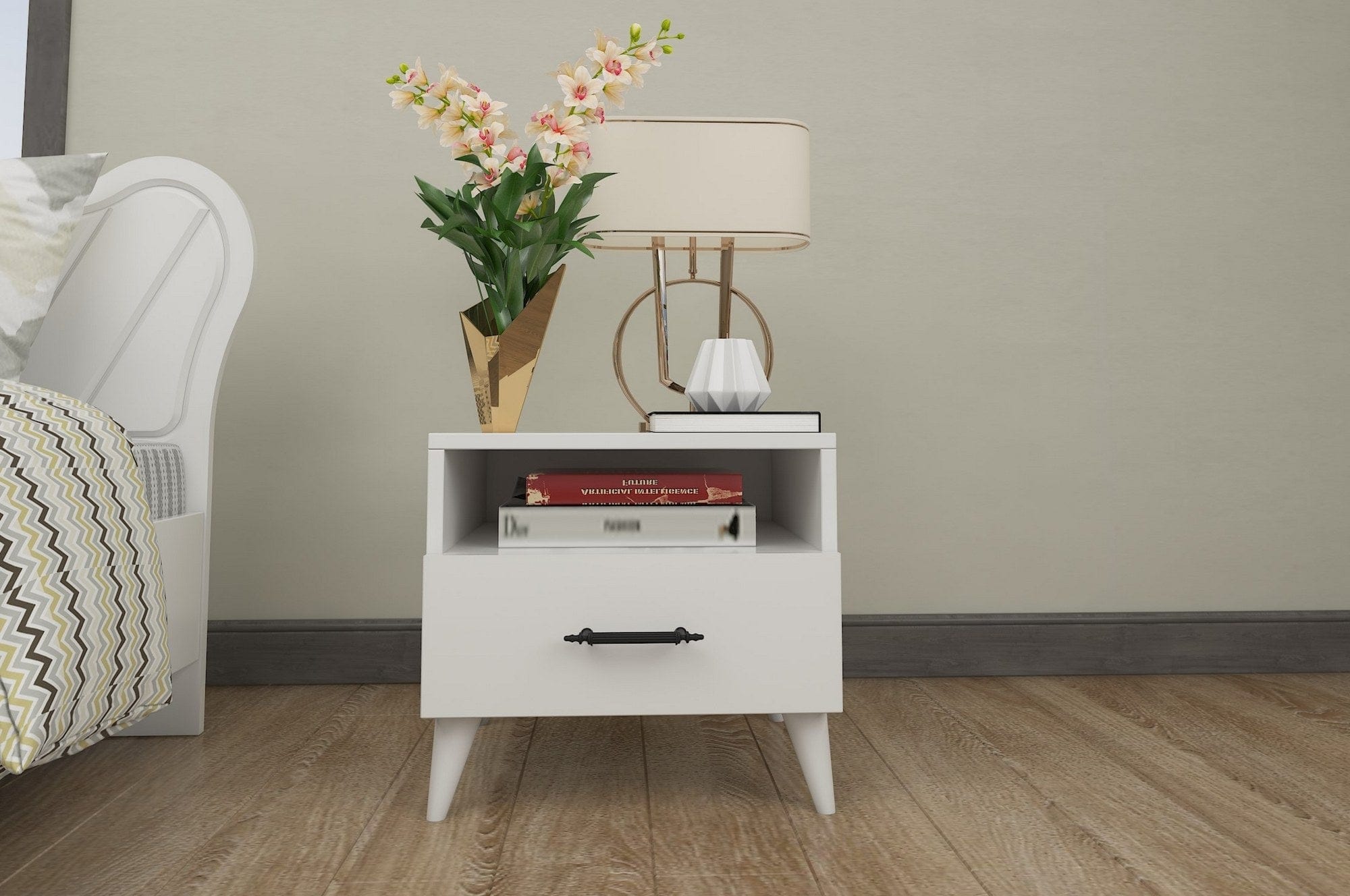 Asir Noptiera din pal si plastic, cu 1 sertar, Lavinia 501 Alb, l45xA38xH47 cm