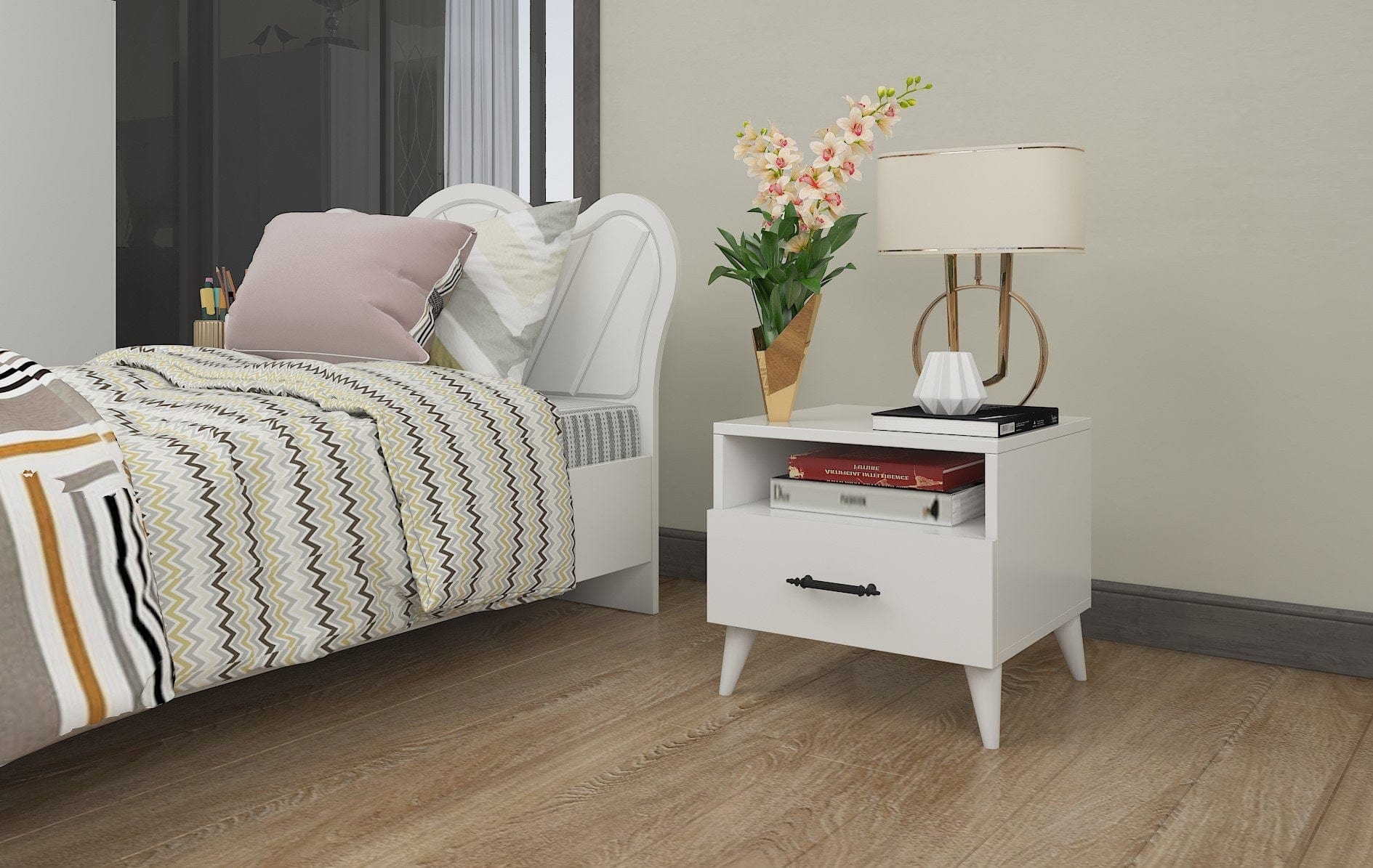 Asir Noptiera din pal si plastic, cu 1 sertar, Lavinia 501 Alb, l45xA38xH47 cm