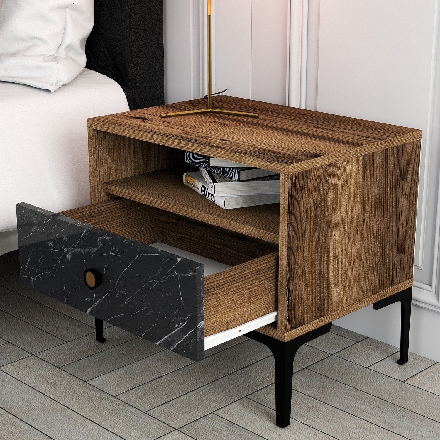 Asir Noptiera din pal si plastic, cu 1 sertar, Lizbon 534 Nuc / Negru, l56xA40xH50,8 cm