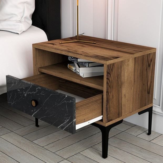 Asir Noptiera din pal si plastic, cu 1 sertar, Lizbon 534 Nuc / Negru, l56xA40xH50,8 cm