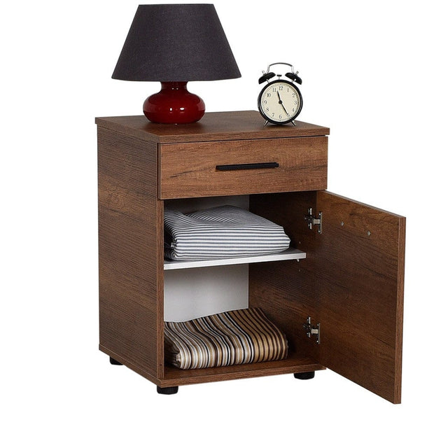 Asir Noptiera din pal si plastic, cu 1 sertar si 1 usa, Komodo 511 Nuc / Negru, l40xA39xH57 cm