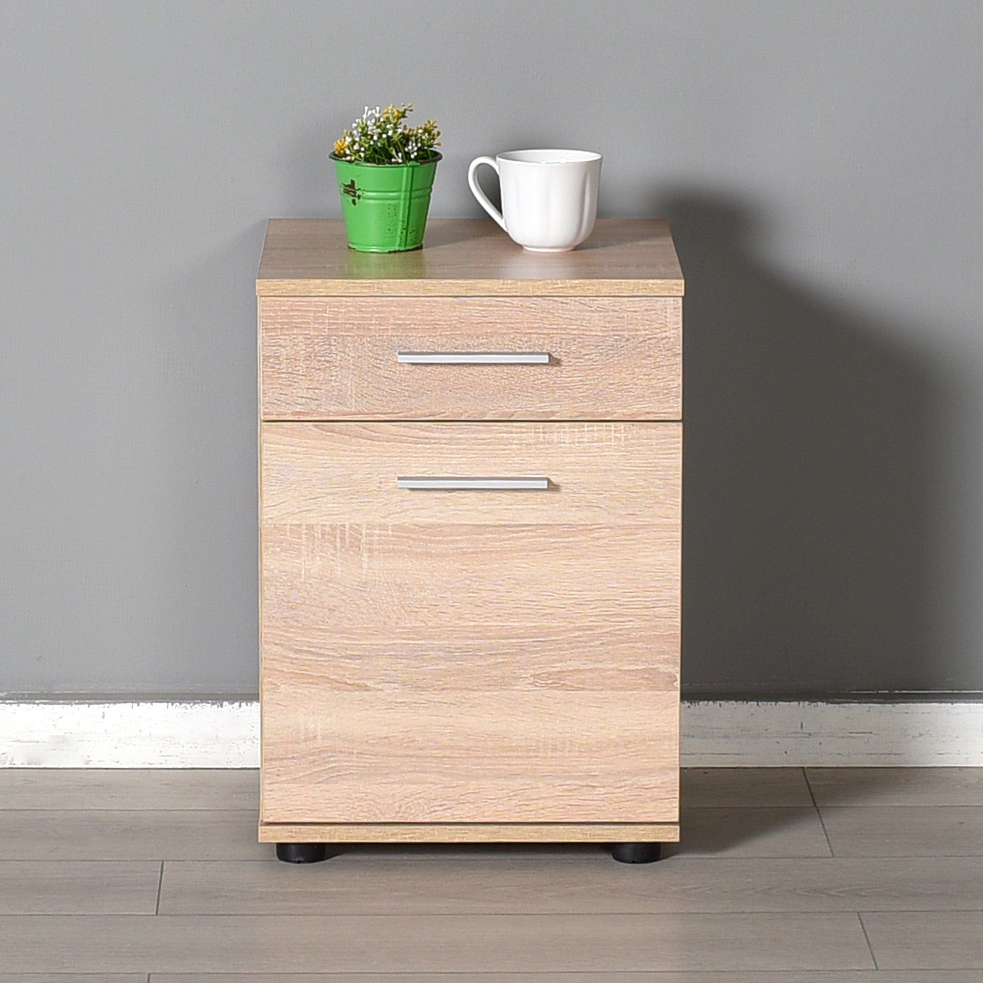 Asir Noptiera din pal si plastic, cu 1 sertar si 1 usa, Komodo 511 Stejar Sonoma / Negru, l40xA39xH57 cm