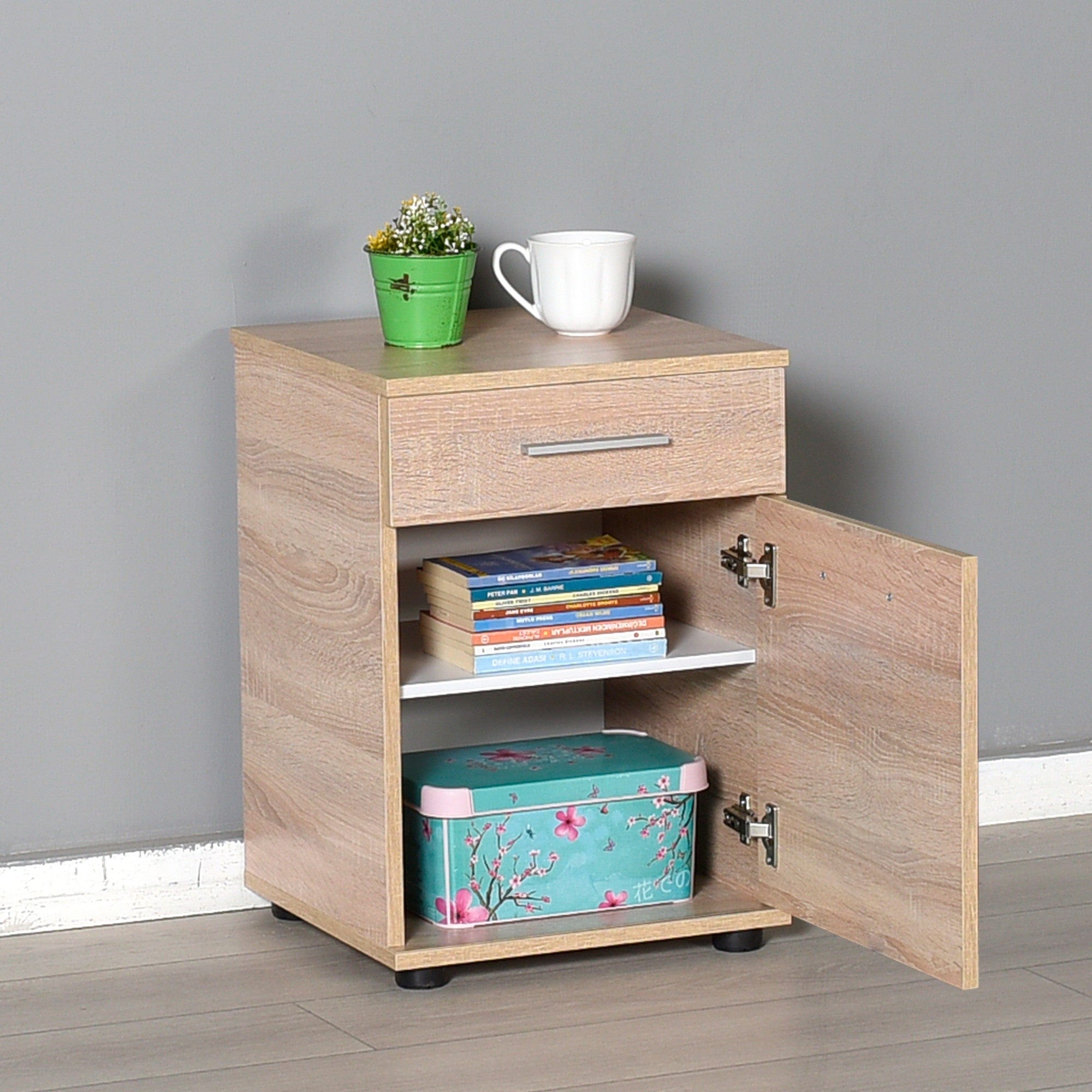 Noptiera din pal si plastic, cu 1 sertar si 1 usa, Komodo 511 Stejar Sonoma / Negru, l40xA39xH57 cm (2)