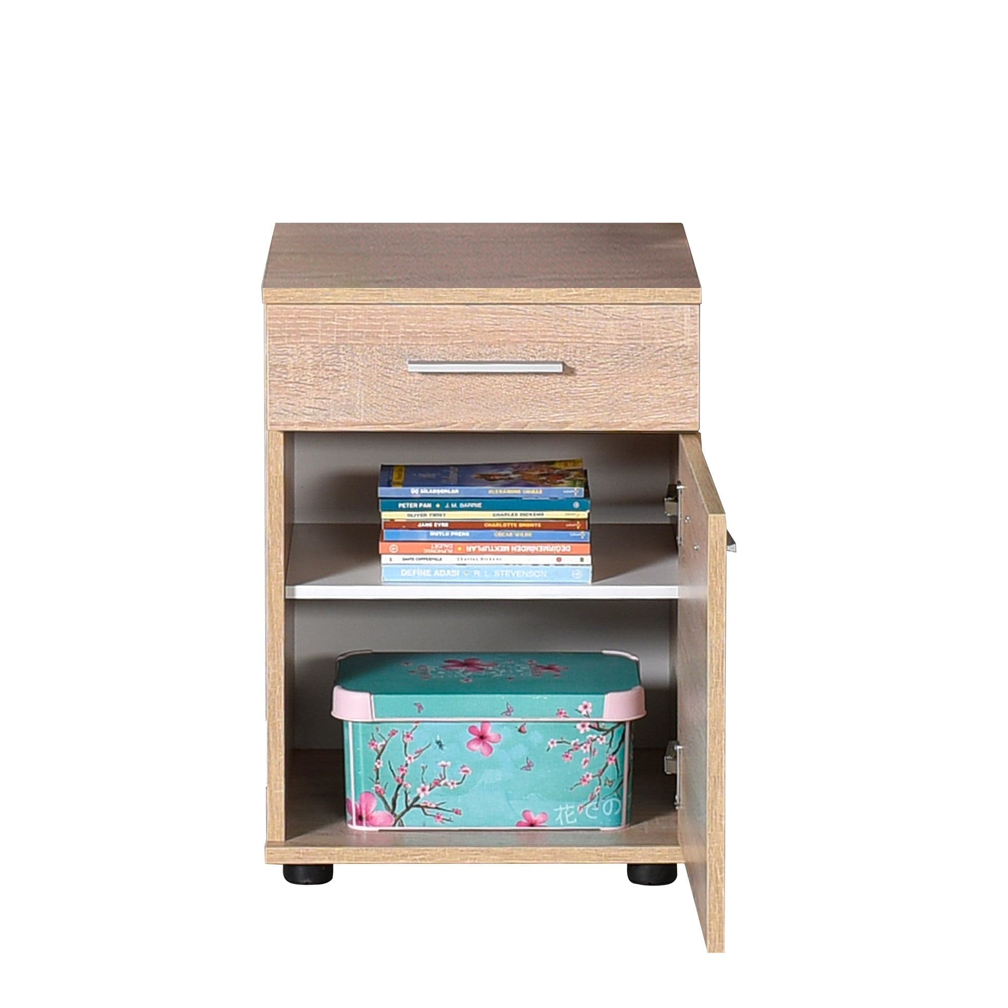 Noptiera din pal si plastic, cu 1 sertar si 1 usa, Komodo 511 Stejar Sonoma / Negru, l40xA39xH57 cm (5)