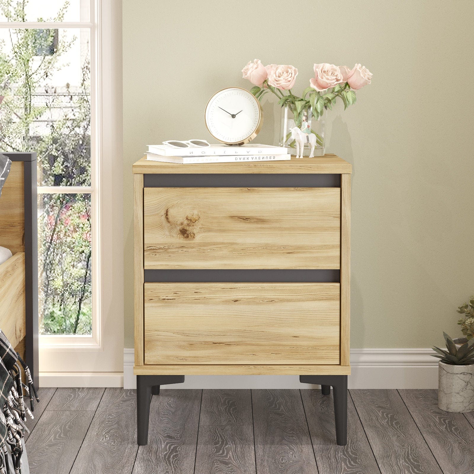 Asir Noptiera din pal si plastic, cu 2 sertare, Ark 6 Natural / Negru, l45xA45xH58,6 cm