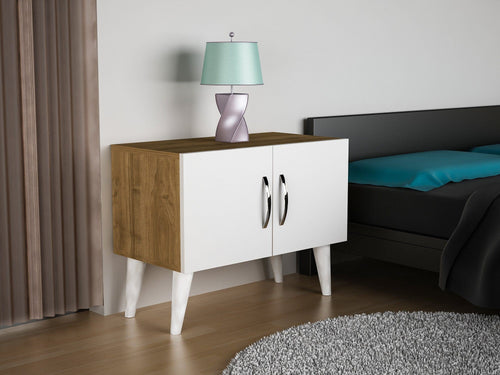 Asir Noptiera din pal si plastic, cu 2 usi, Bellini V2 Nuc / Alb, l70,3xA37,1xH55 cm