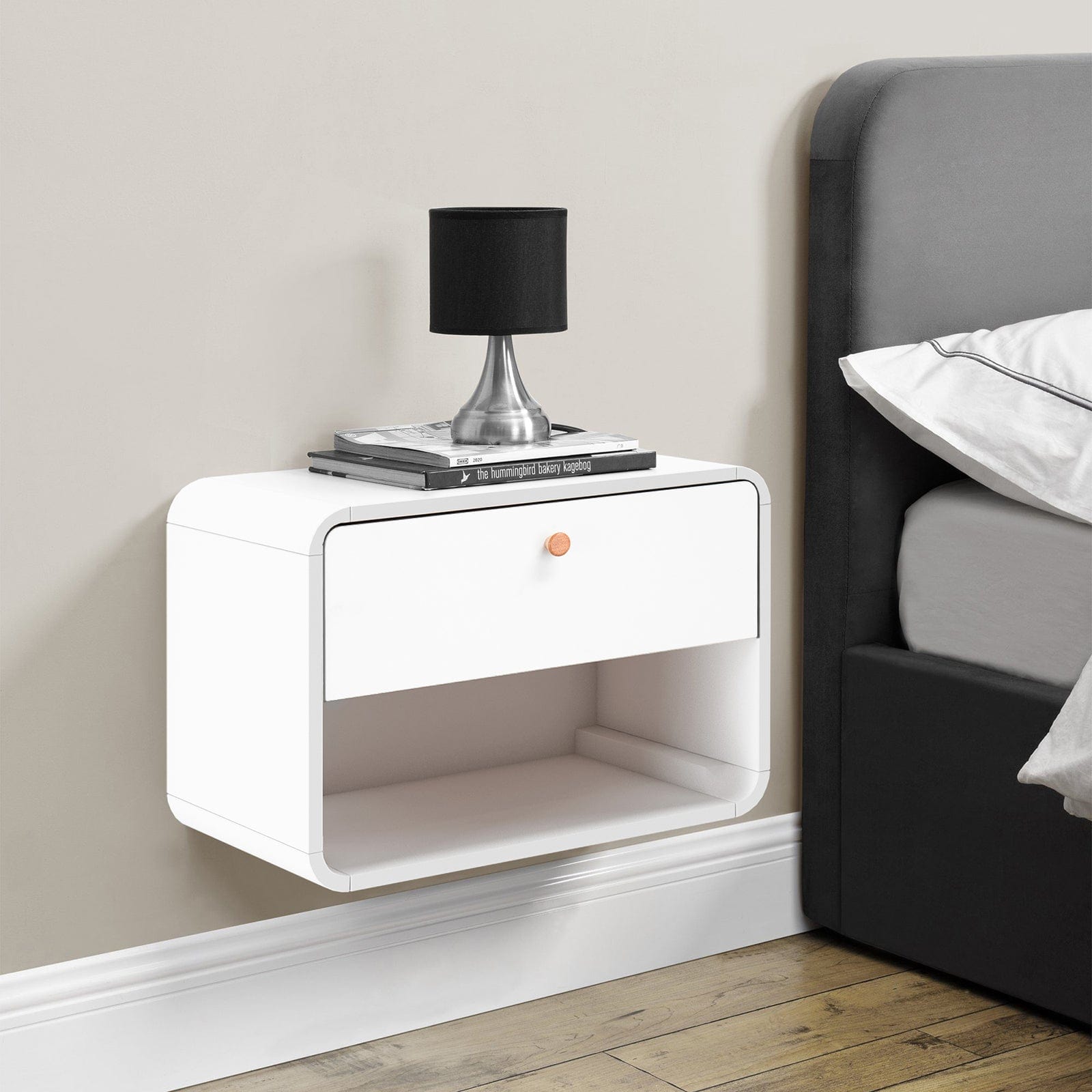 Dorel Home Noptiera suspendata din pal si MDF cu 1 sertar, Cassie Alb, l51xA39xH37 cm