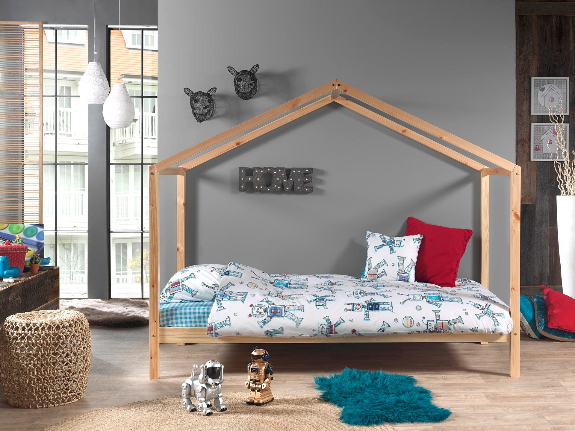 Pat din lemn de pin, tip casuta, pentru copii, Dallas Ii Natural, saltea inclusa, 200 x 90 cm