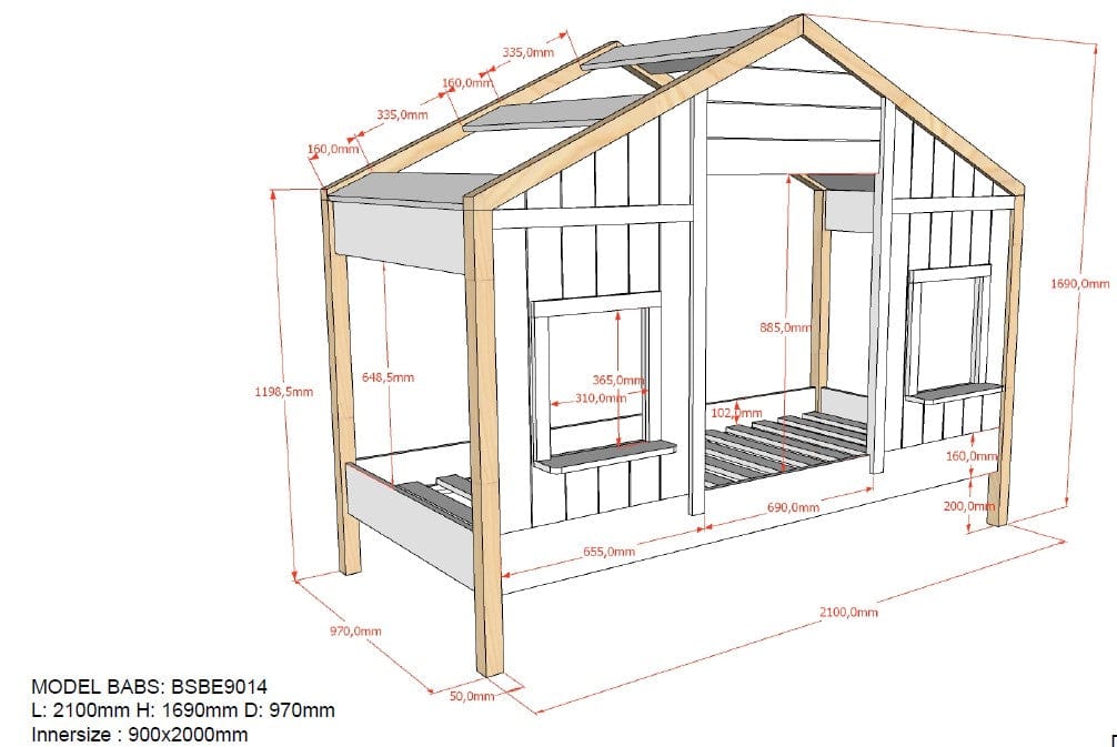 Pat din MDF si lemn de pin, tip casuta, cu 1 sertar, pentru copii, Babs Ii Alb / Natural, 200 x 90 cm (1)
