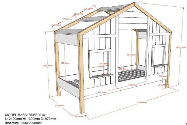 Pat din MDF si lemn de pin, tip casuta, cu 1 sertar, pentru copii, Babs Ii Alb / Natural, 200 x 90 cm (1)
