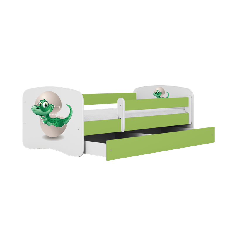 Kocot Kids Pat din pal, cu 1 sertar, pentru copii, Baby Dino IV Verde / Alb