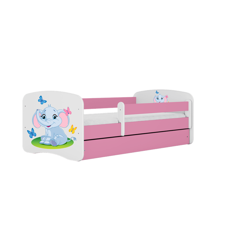 Kocot Kids 140 x 70 cm Pat din pal, cu 1 sertar, pentru copii, Baby Elephant III Roz / Alb