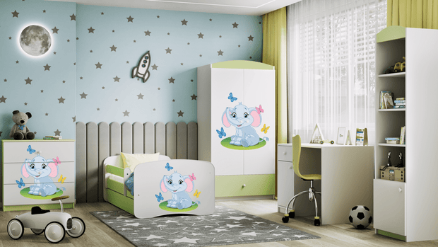 Kocot Kids Pat din pal, cu 1 sertar, pentru copii, Baby Elephant III Verde / Alb