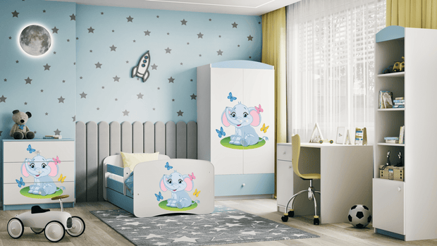 Kocot Kids Pat din pal, cu 1 sertar, pentru copii, Baby Elephant IV Albastru / Alb